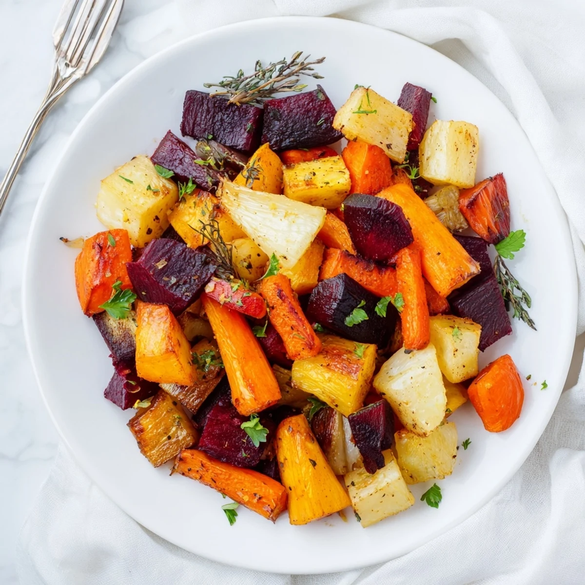 Close-up of tender roasted root vegetable medley, showcasing red beets and sweet potatoes with glistening olive oil.