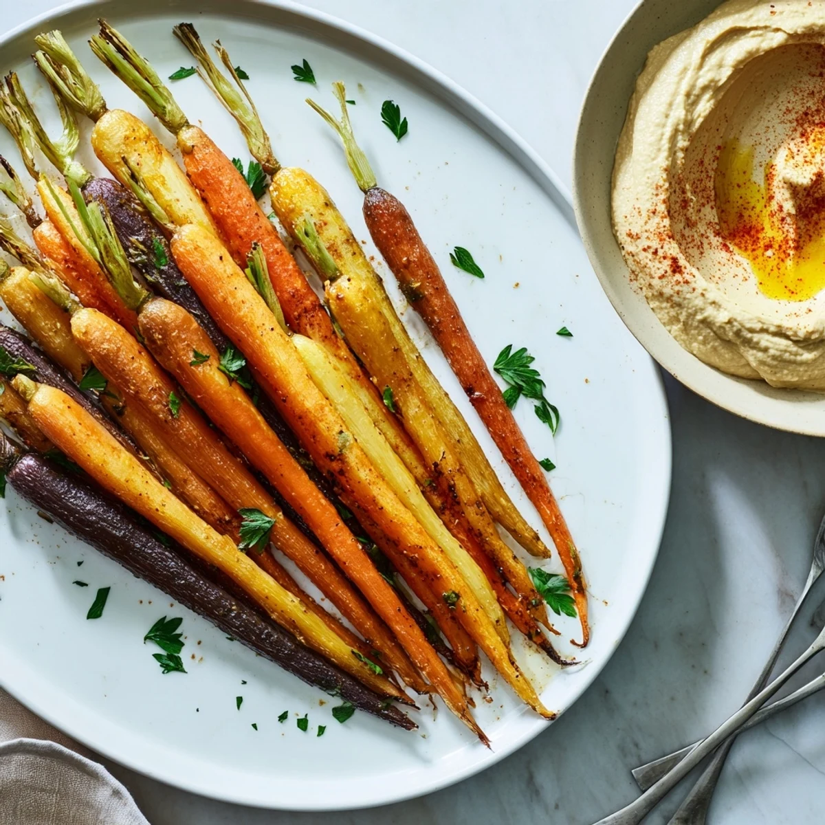 A vibrant platter of roasted rainbow carrots with creamy tahini hummus, garnished with fresh parsley and paprika for a colorful appetizer.