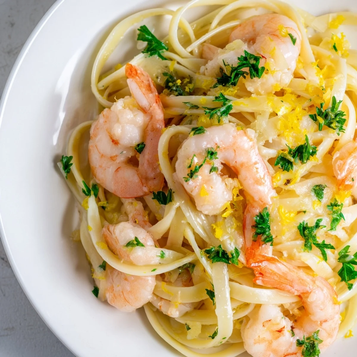 Garlic butter shrimp linguine features plump shrimp in a glossy, golden sauce, garnished with fresh parsley.