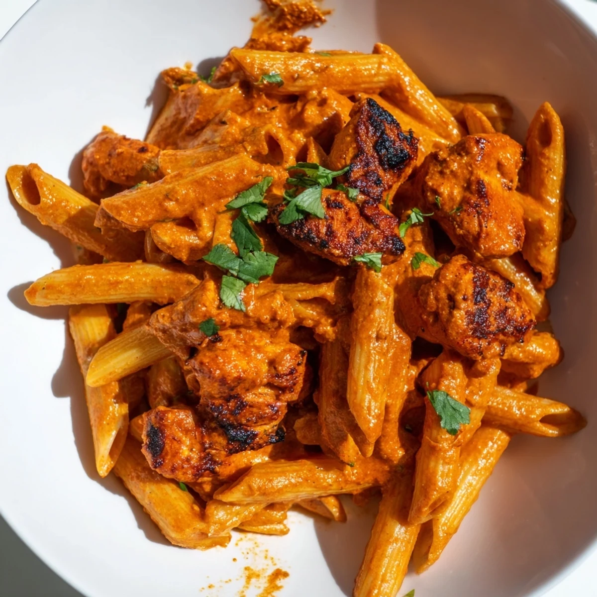 Creamy chicken tikka pasta in a white bowl, garnished with fresh cilantro and served with garlic naan on the side.