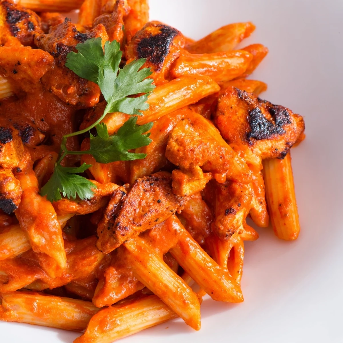 Penney pasta coated in a spiced tomato-cream sauce with tender, charred chicken tikka pieces for a vibrant fusion meal.