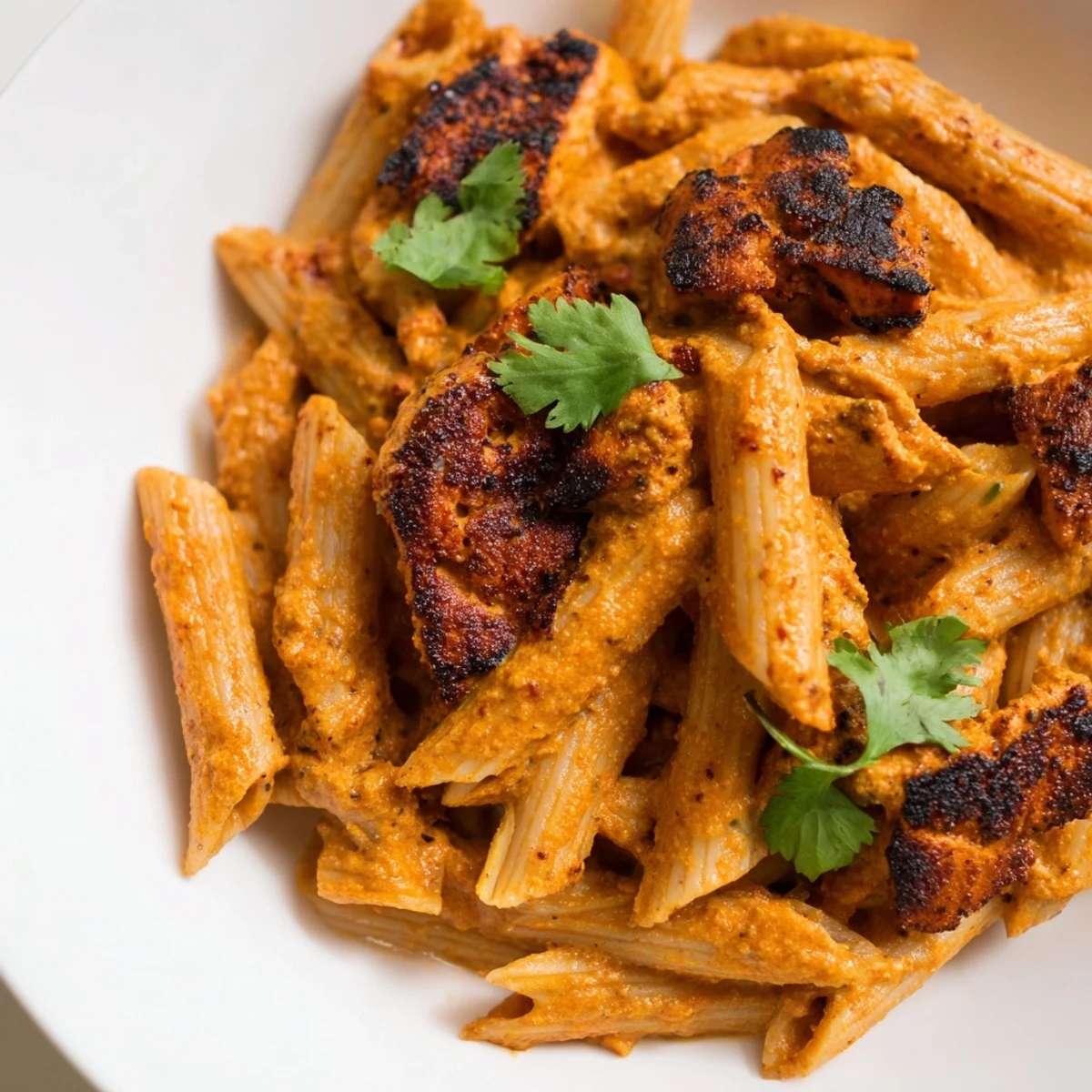 A skillet of sizzling chicken tikka pasta, ready to serve with a side salad for a balanced, flavorful dinner.