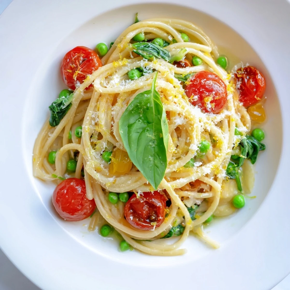 Plated Spring Veggie One-Pot Spaghetti garnished with fresh basil and grated Parmesan, steam rising from the vibrant pasta dish.