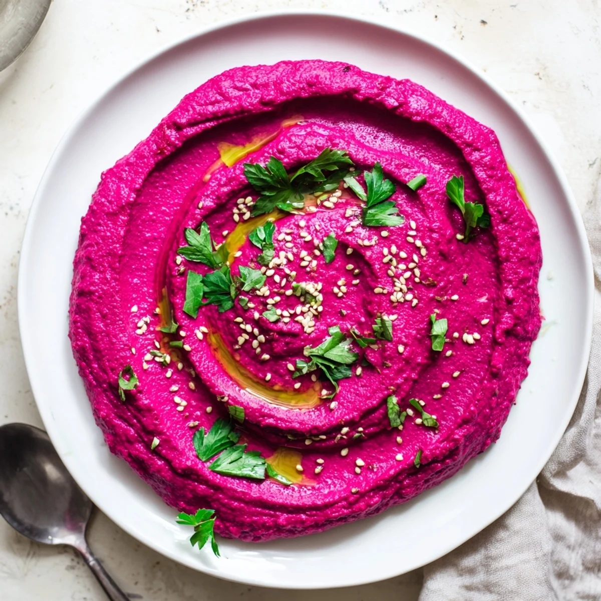 Vivid pink roasted beet hummus swirled with olive oil, served in a white ceramic dish with warm pita bread for spreading.