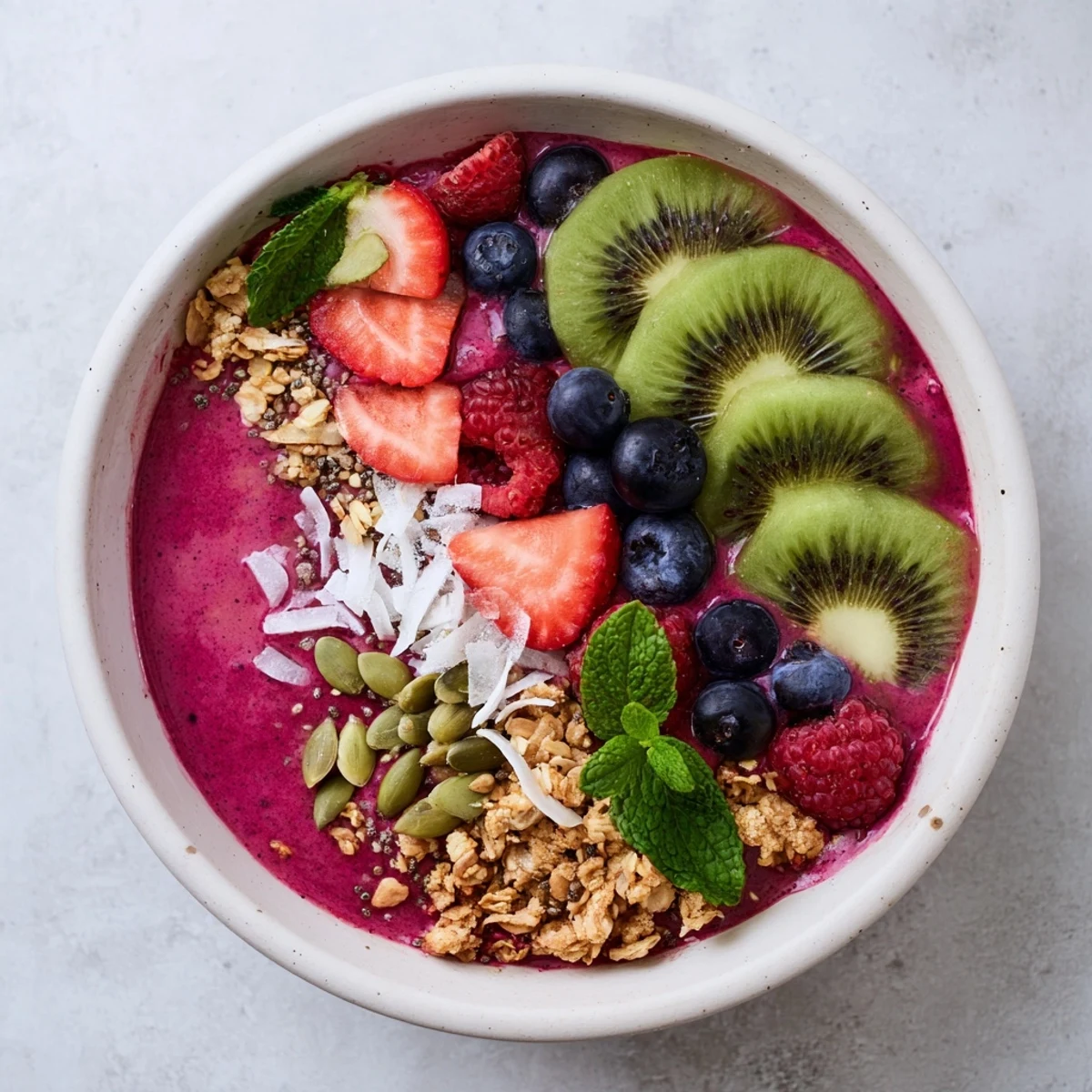 A vibrant Beet and Berry Smoothie Bowl topped with granola, fresh berries, and sliced kiwi for a crunchy finish.