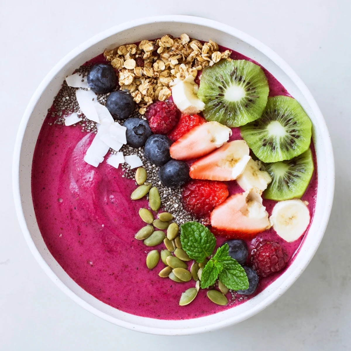 Thick, creamy Beet and Berry Smoothie Bowl served in a white bowl with pumpkin seeds and shredded coconut garnish.