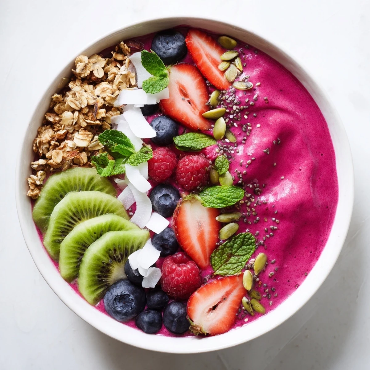 Bright purple Beet and Berry Smoothie Bowl topped with fresh fruit and mint, ready to enjoy as a nutritious breakfast.