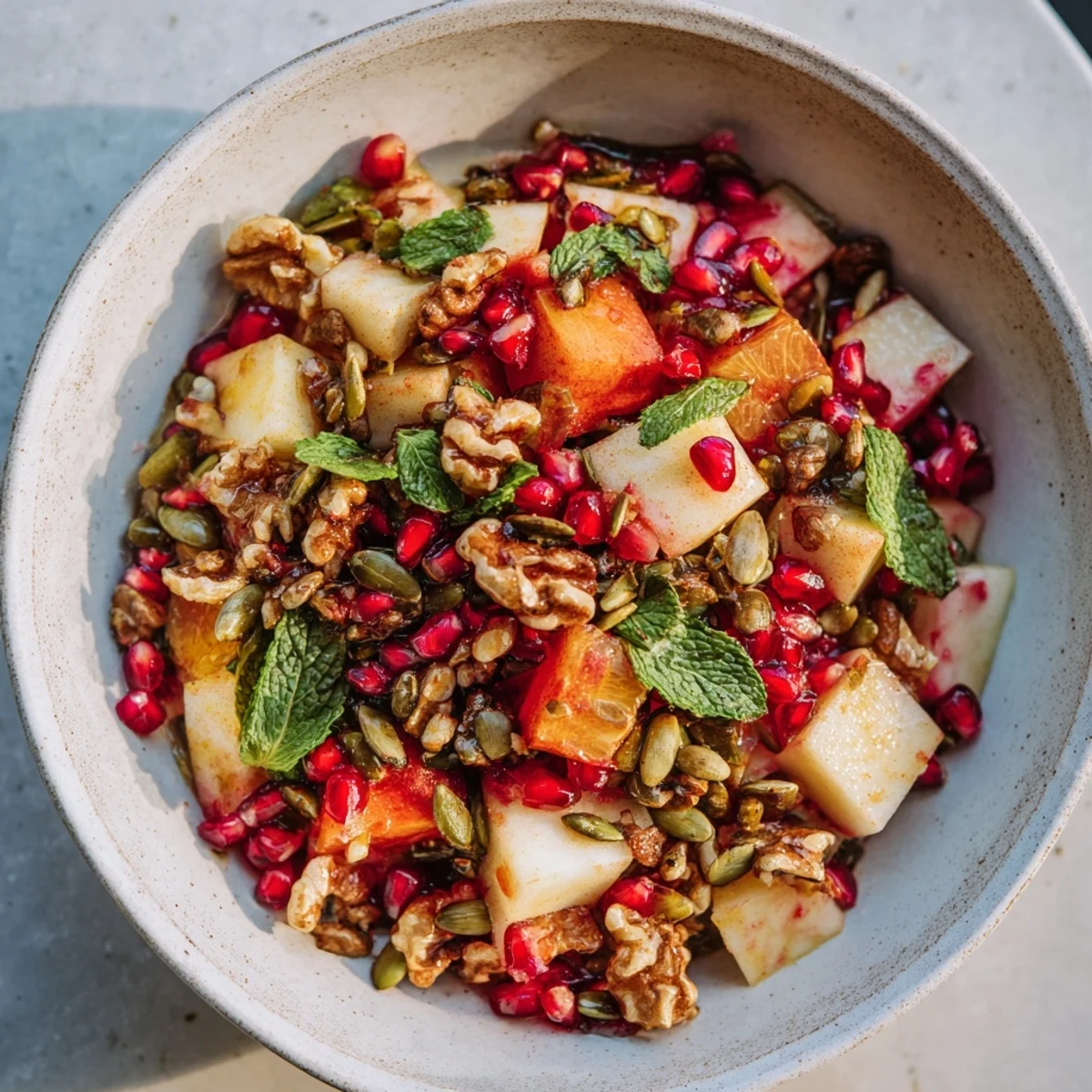 Bright pomegranate seeds and crisp diced apples tossed with walnuts and seeds in a light honey-cinnamon dressing, served in a white salad bowl.