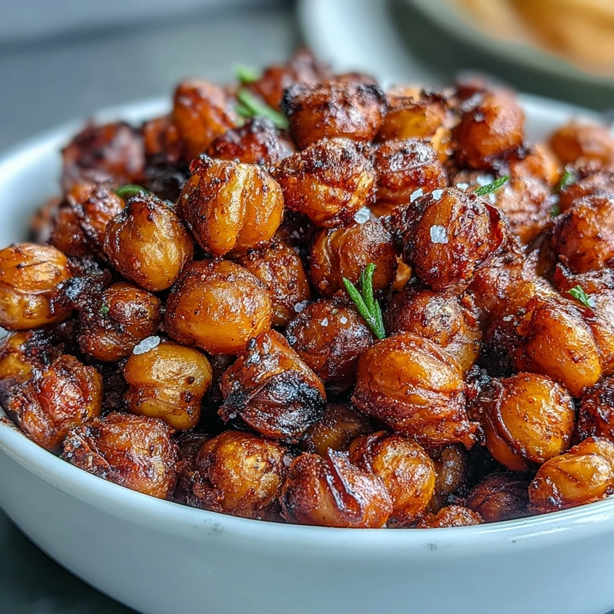 Golden, crispy roasted chickpeas glistening with savory spices, perfect snack.