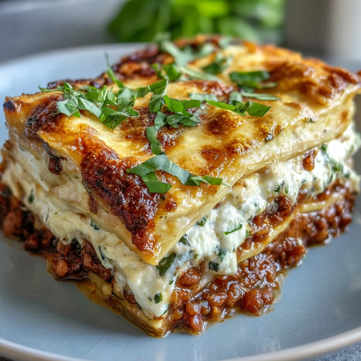 Sliced wedges of one-pan smoky veggie lentil lasagne served on white plates alongside a fresh green salad and a glass of red wine.
