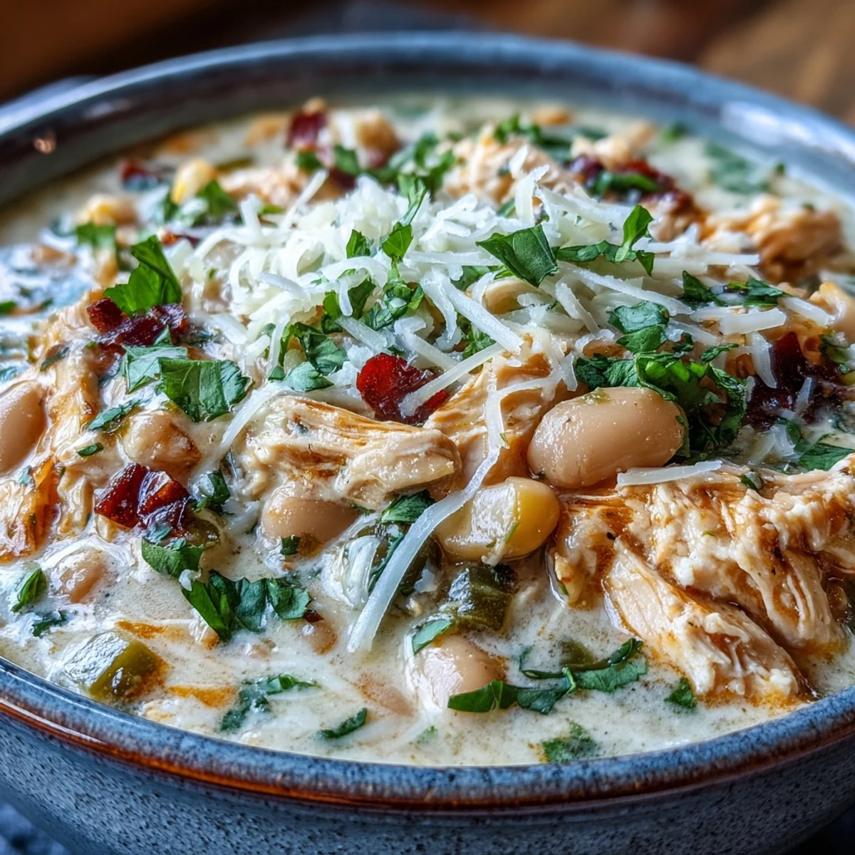 White Chicken Chili simmering in a large pot, featuring tender shredded chicken, creamy white beans, and sweet corn in a rich, white broth.