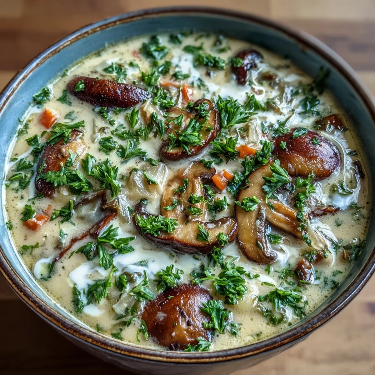 Creamy Mushroom Stroganoff Soup steaming in a rustic bowl, topped with fresh parsley and a dollop of sour cream.