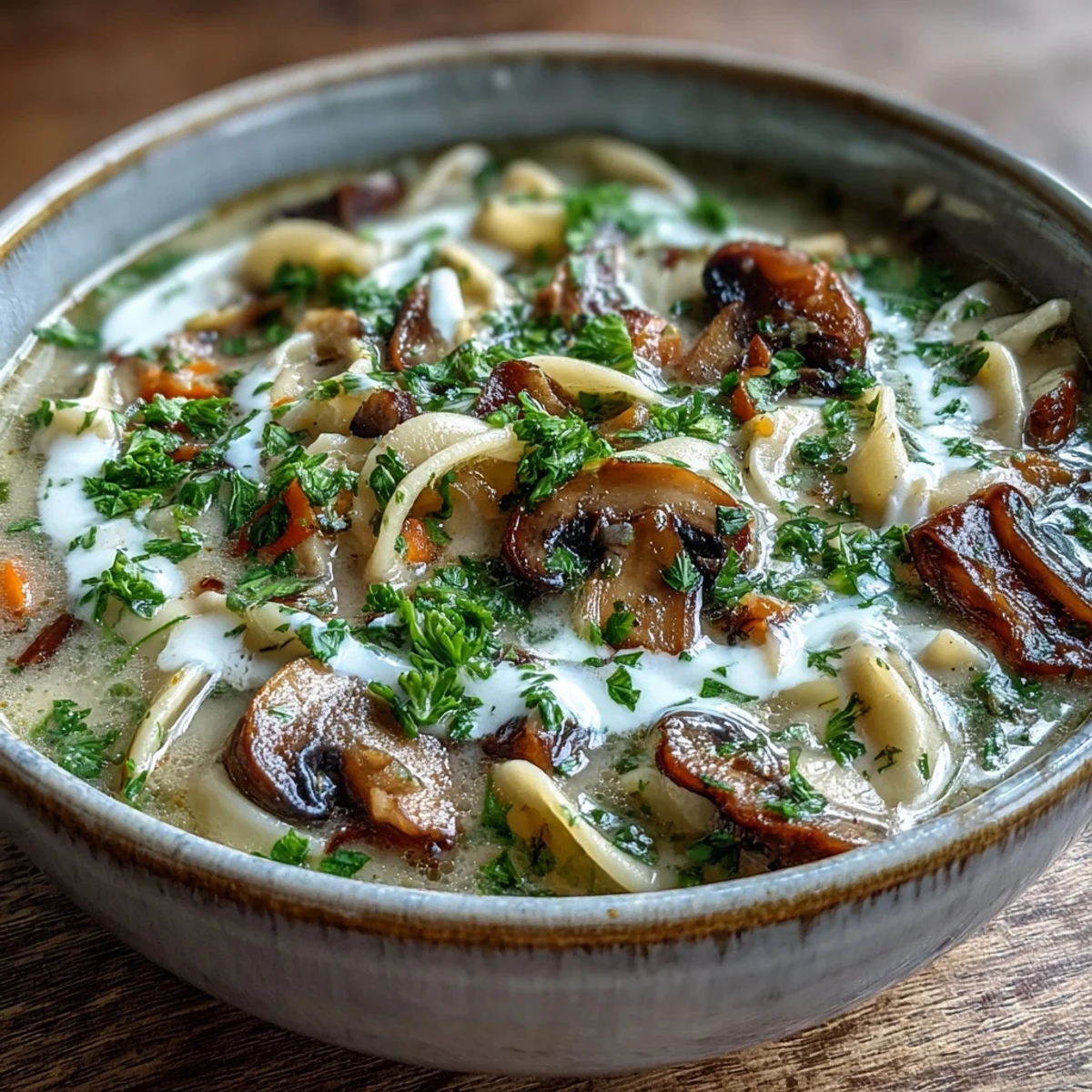 A rich bowl of Creamy Mushroom Stroganoff Soup paired with crusty artisan bread for dipping on the side.