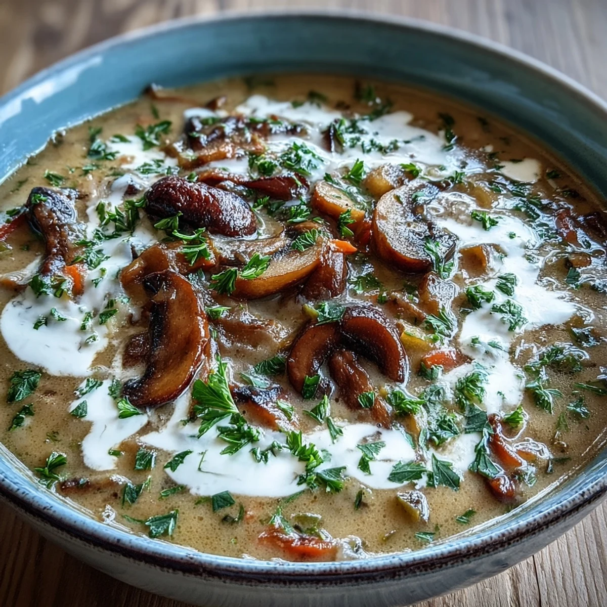 Close-up photo of Creamy Mushroom Stroganoff Soup featuring sautéed mushrooms and herbs in a creamy, golden broth.
