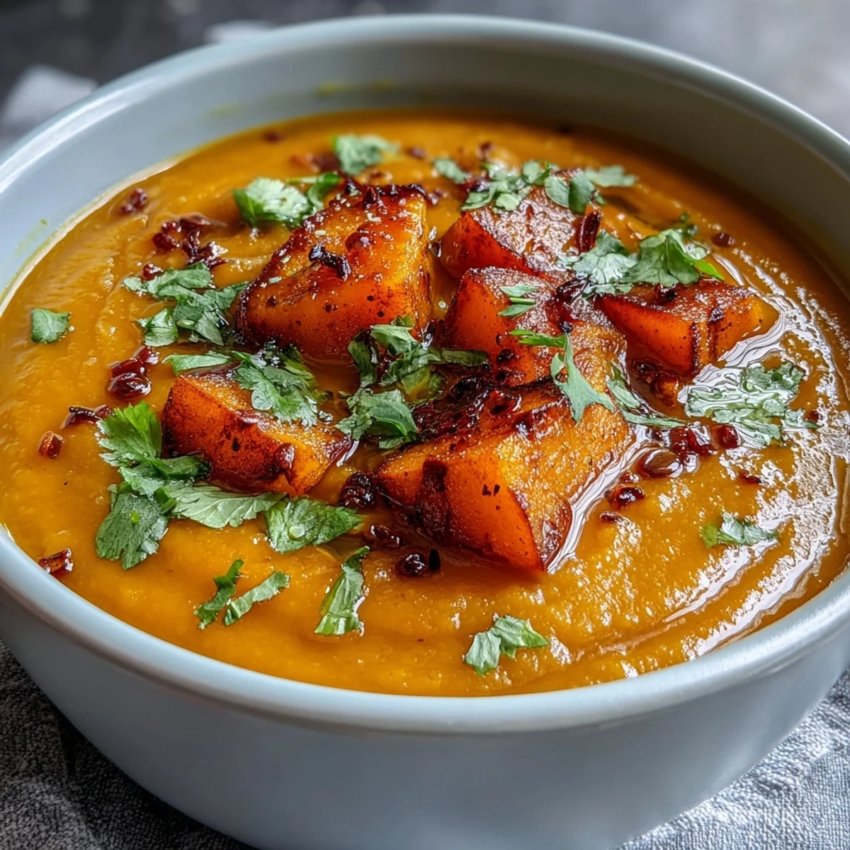 Golden, roasted butternut squash cubes and vibrant red lentils simmering in a pot for this savory Butternut Squash and Lentil Soup.