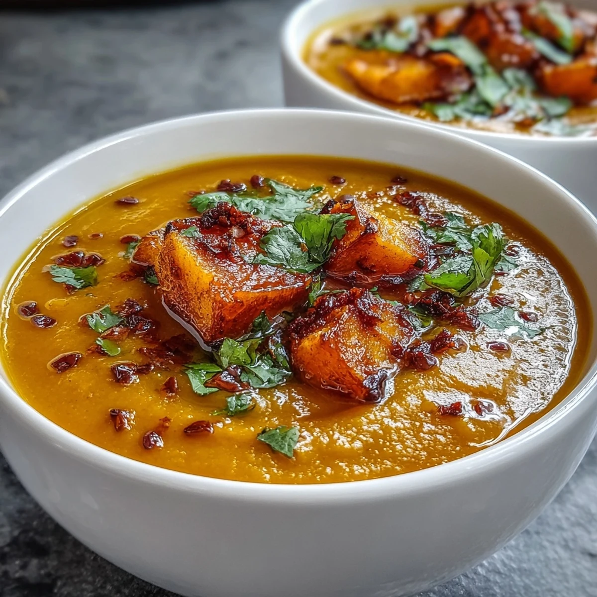A close-up of creamy orange Butternut Squash and Lentil Soup in a rustic bowl, garnished with fresh cilantro and a lemon wedge.