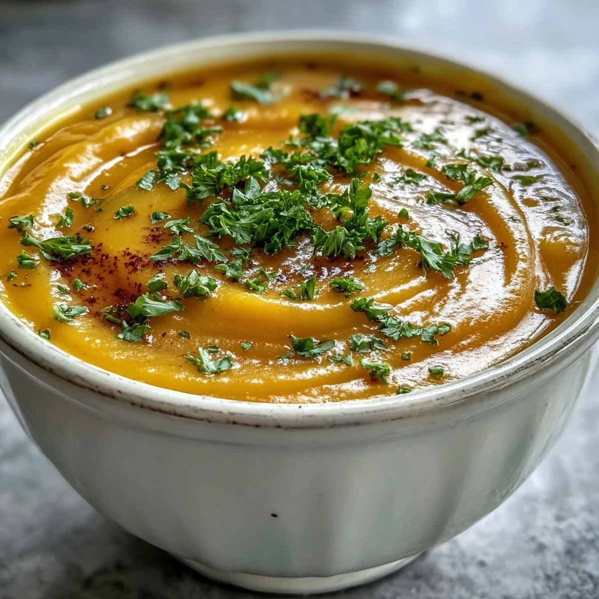 Creamy Vegetable Soup ladled into a rustic bowl, steaming gently with a swirl of fresh parsley garnish.