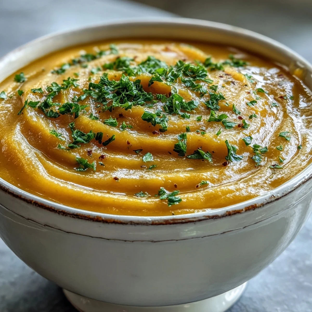 A spoon sinking into velvety Creamy Vegetable Soup reveals a smooth, vibrant blend of tender carrots and broccoli.