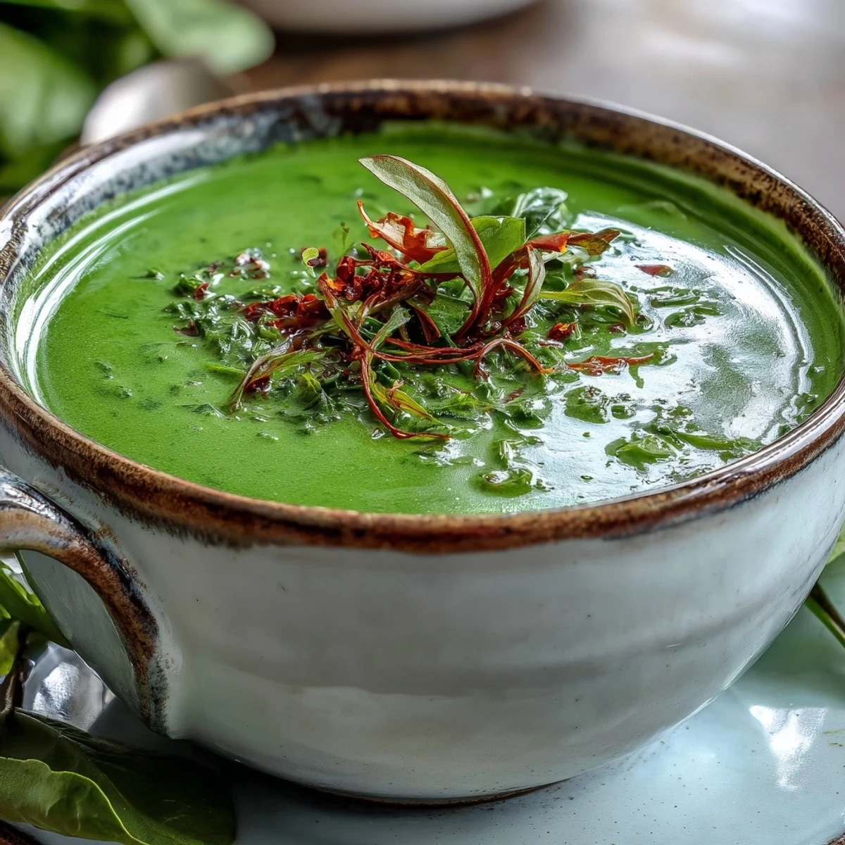 Bright green Spinach Coriander Lemongrass Soup served in a rustic bowl with steam rising invitingly.