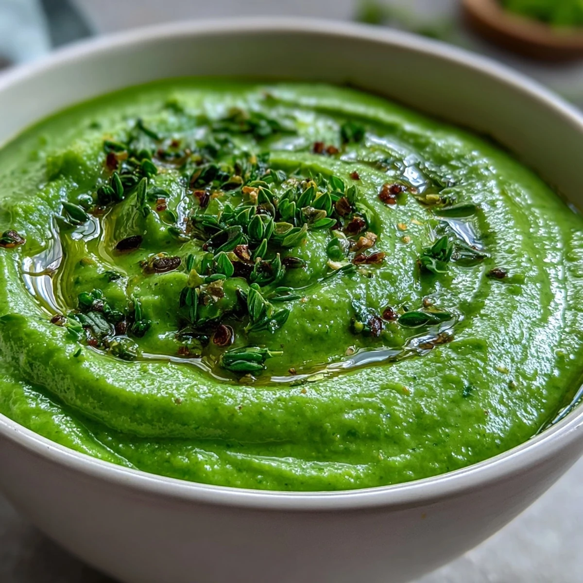 A vibrant green Big Green Immunity-Boosting Vegetable Soup featuring broccoli, asparagus, and cashews, ready to serve with crusty bread.