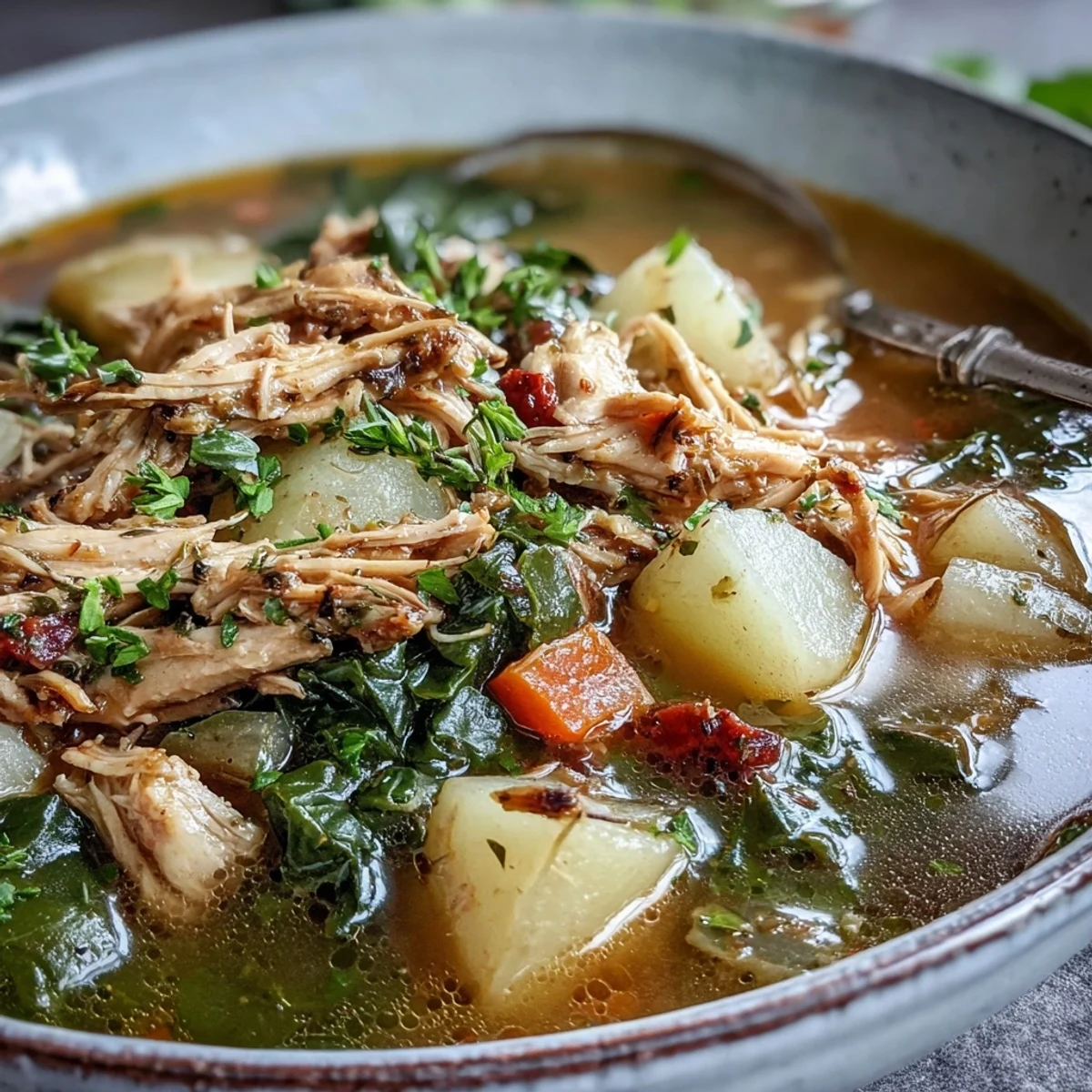 Serving suggestion for Collard Greens, Chicken and Vegetable Soup, ladled into a rustic bowl, garnished with fresh herbs and a spoon resting nearby.