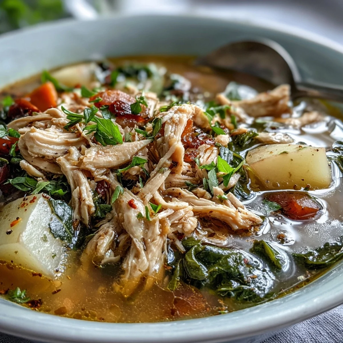 Steam rising from a warm pot of Collard Greens, Chicken and Vegetable Soup, revealing hearty chunks of potato, carrots, and silky collard greens.