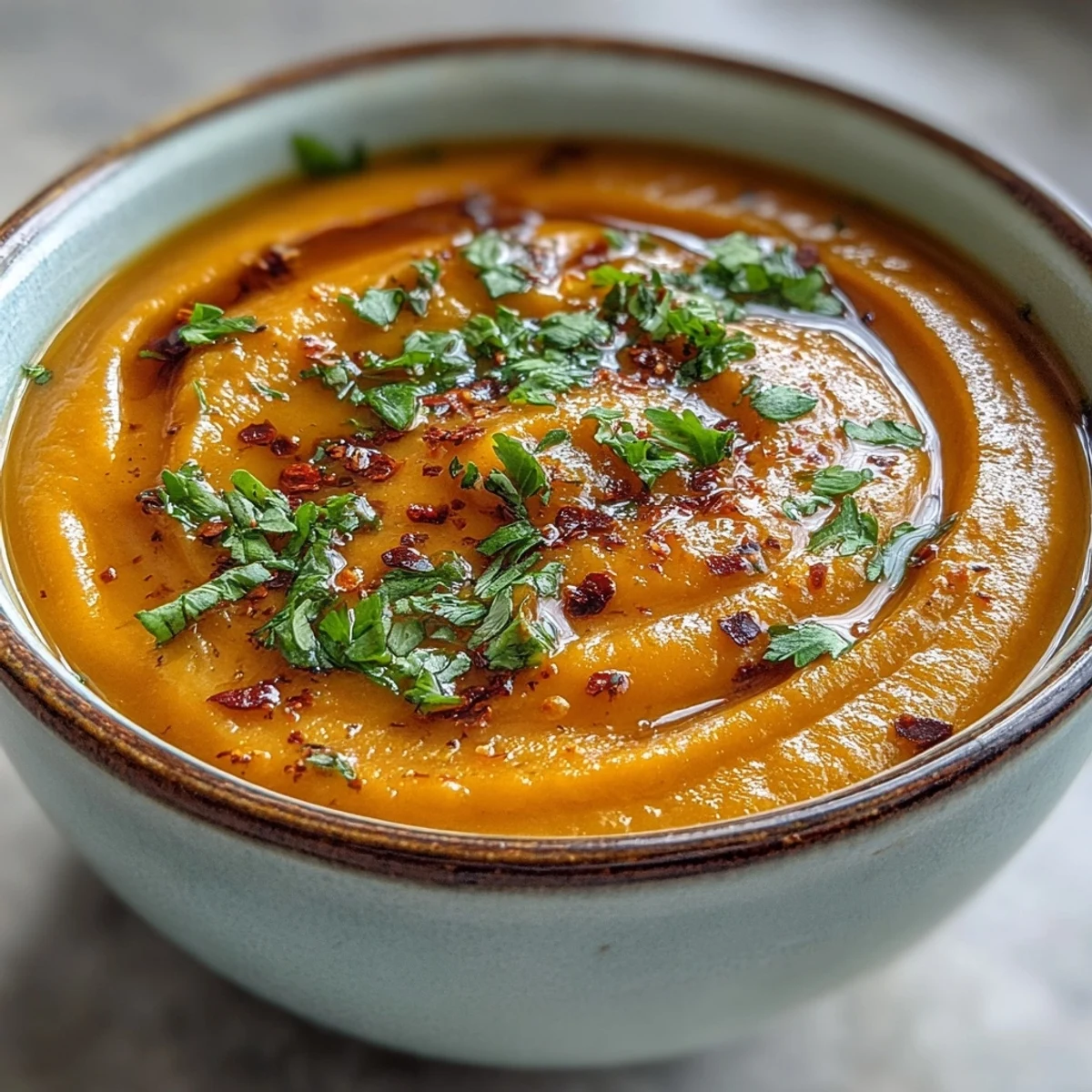 Smooth, golden Carrot, Celeriac and Chilli Soup ladle into a rustic stoneware bowl, revealing a silky texture flecked with specks of spice.