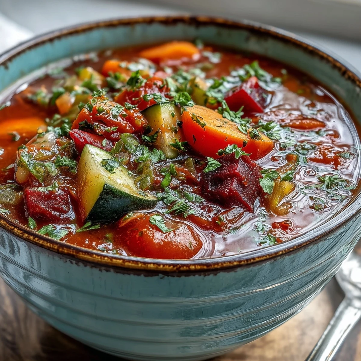 This hearty Rainbow Vegetable Detox Soup is served with whole-grain bread for dipping alongside.