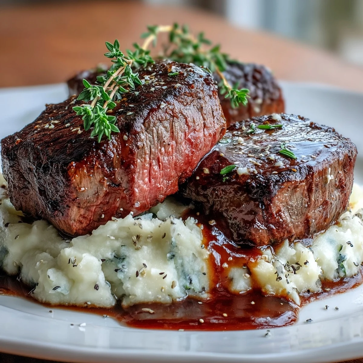 Pan-seared venison steaks with caraway crushed swede are plated, garnished with thyme and drizzled with a glossy red wine reduction.