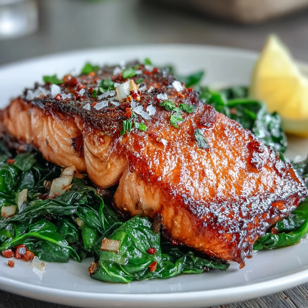 Golden air fryer salmon fillets plated on sautéed Swiss chard with garlic and lemon wedges.