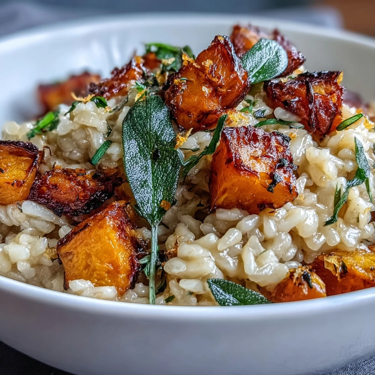 Savory Vegan Pumpkin Risotto, a plant-based Italian main dish garnished with golden sage.