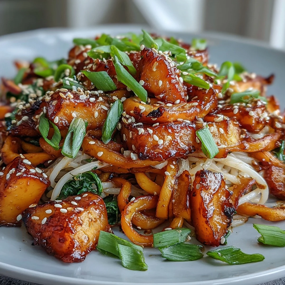 Golden roasted swede ribbons tossed with Gochujang Swede Noodles and sesame seeds in a bowl.
