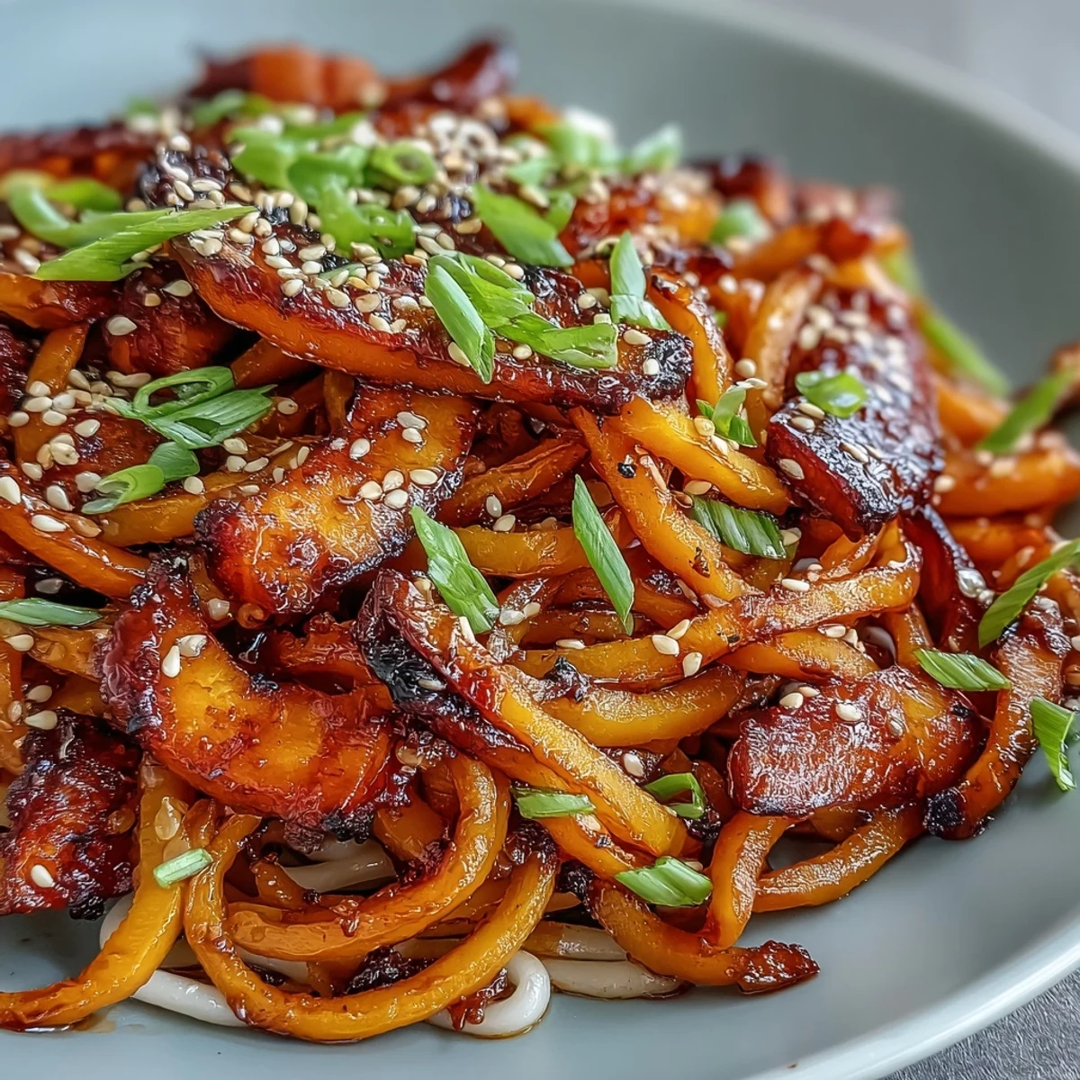 A vibrant bowl of Gochujang Swede Noodles featuring glossy noodles and fresh cilantro garnish.