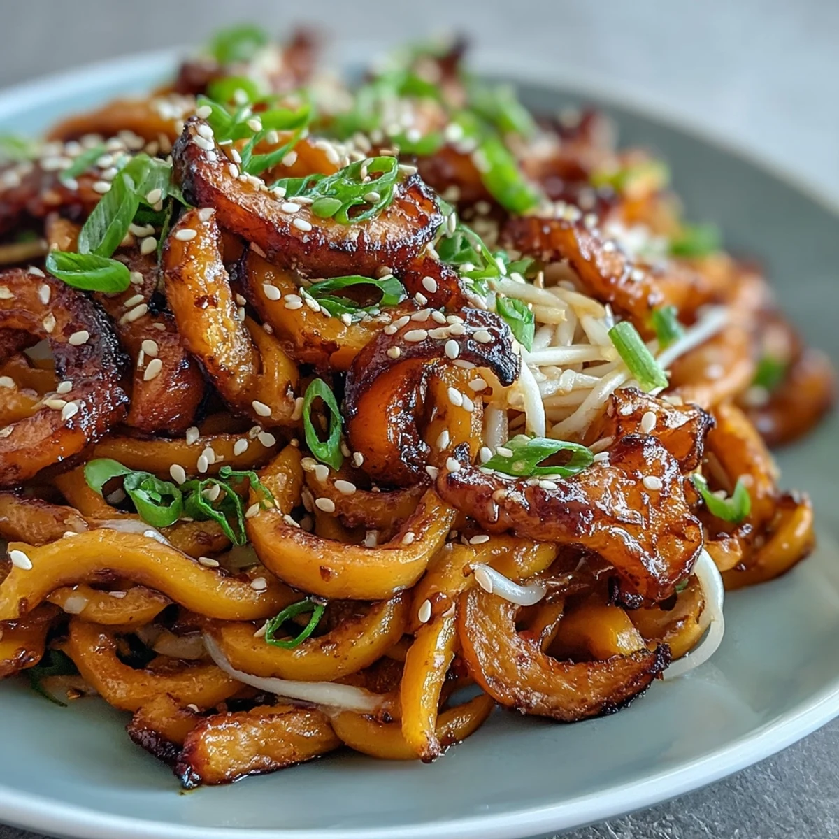 Spicy Gochujang Swede Noodles plated with julienned carrot and bean sprouts for a colorful meal.