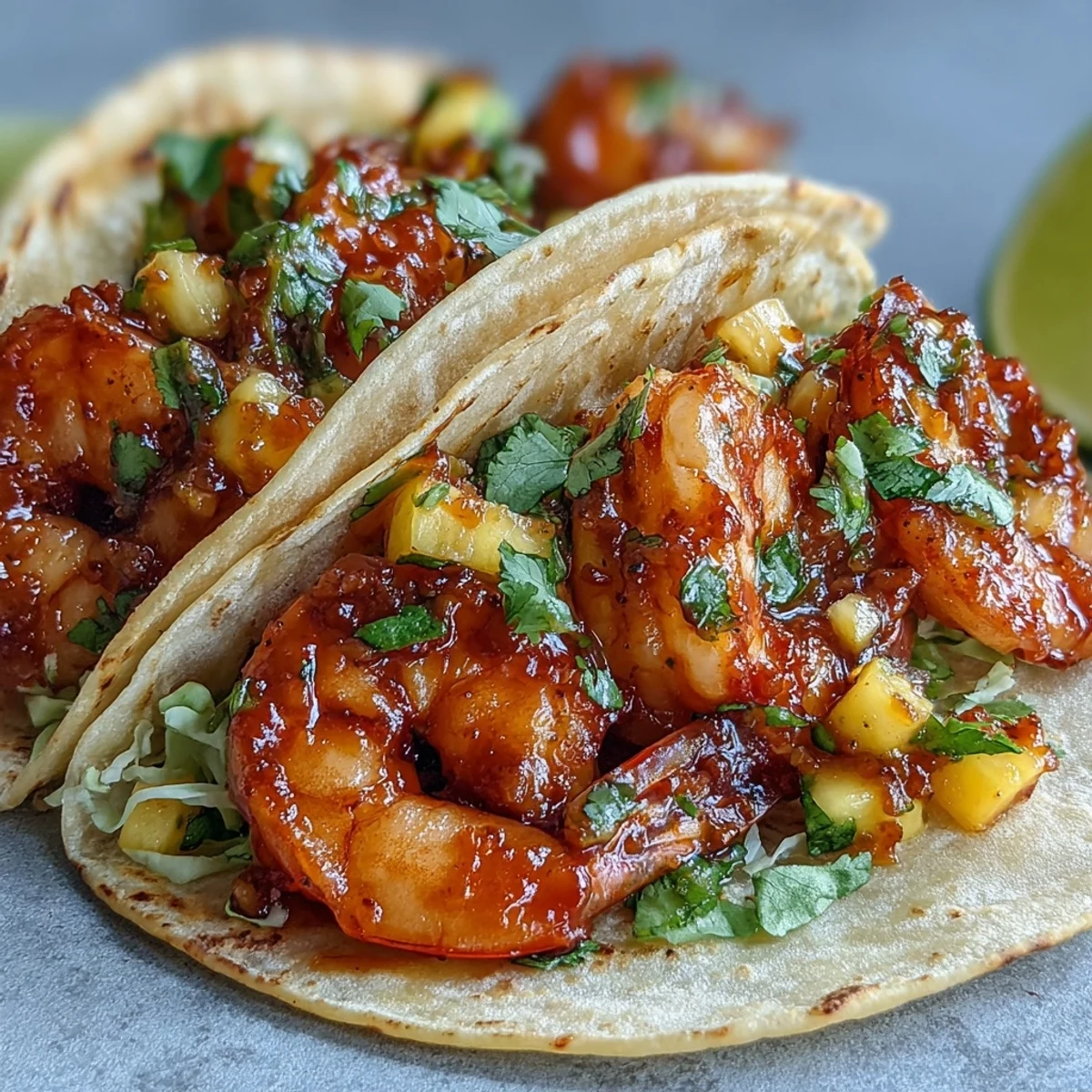 Spicy Sriracha Shrimp Tacos with Mango Salsa are topped with crunchy cabbage and fresh lime wedges on a platter.