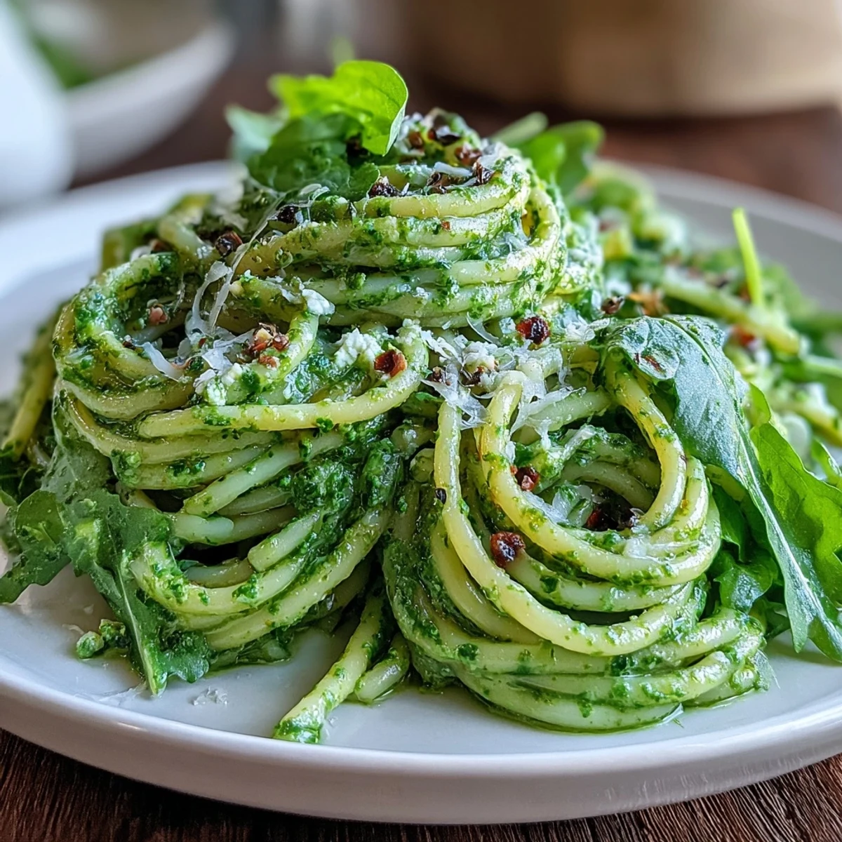Creamy Linguine with Arugula Pesto twirled on a fork with bright green sauce.
