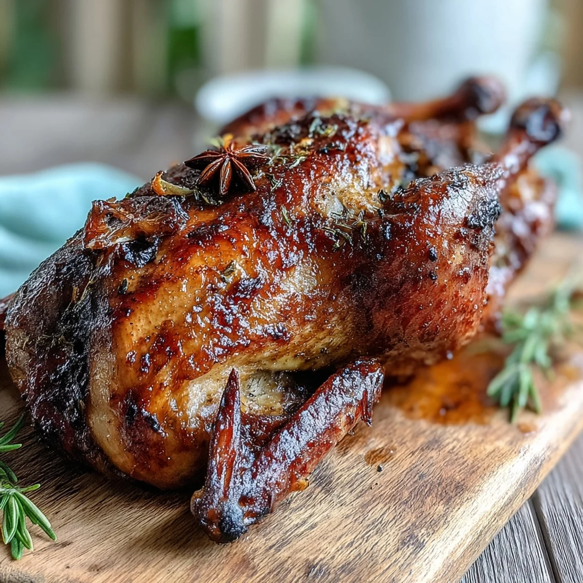 Freshly roasted Five-Spice Roast Ducks with glistening golden-brown skin rests on a carving board, surrounded by aromatic orange slices and star anise.