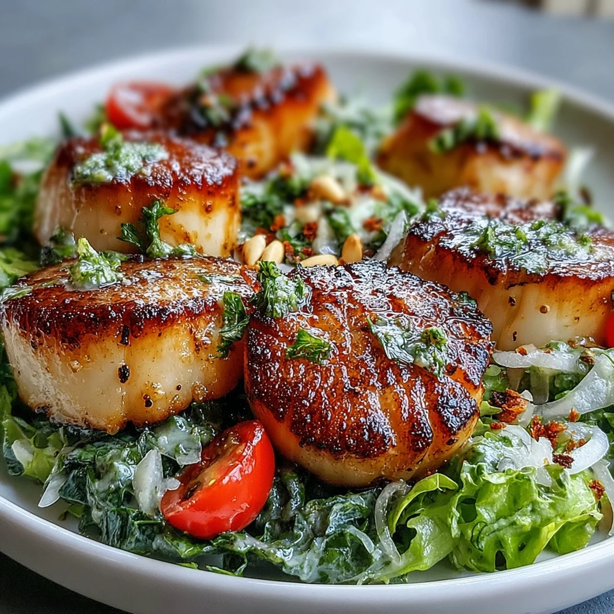 Elegant Seared Scallops with Escarole Salad and Pesto Vinaigrette served on a white plate, perfect for a quick dinner.