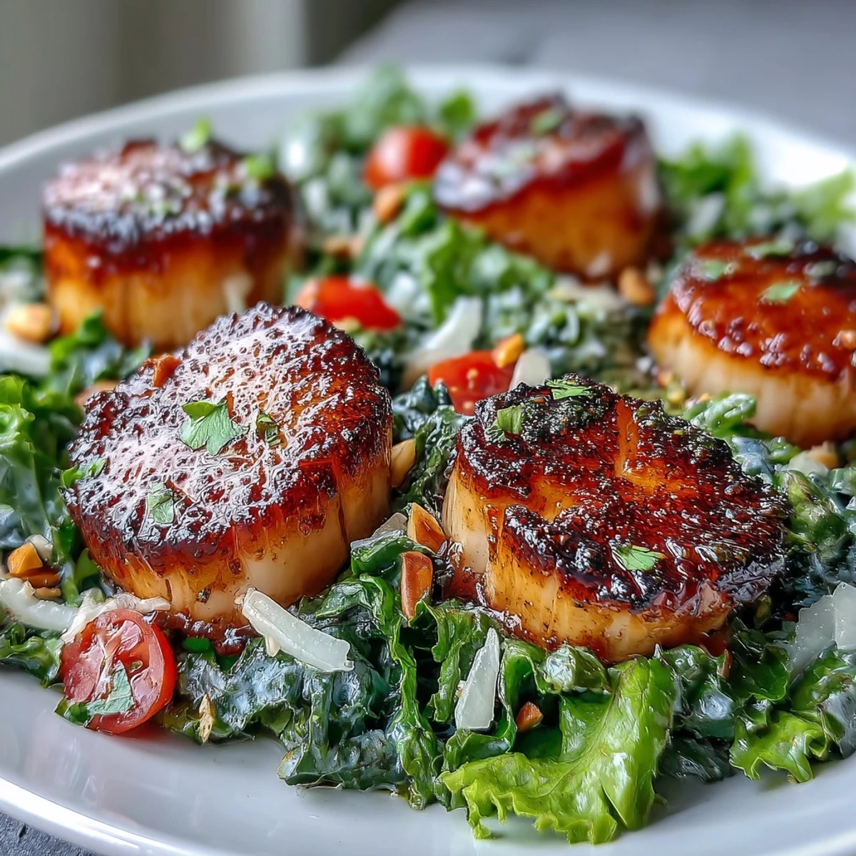A close-up of Seared Scallops With Escarole Salad and Pesto Vinaigrette, showing a golden crust on the scallops.