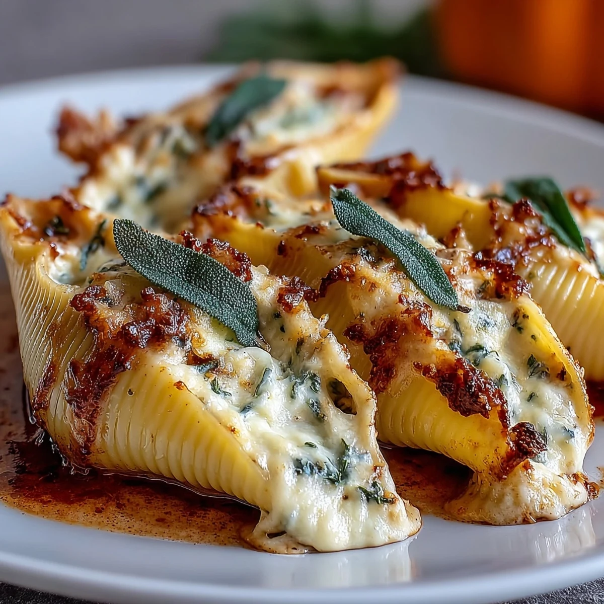 Creamy filling with pumpkin and smoked Gouda inside jumbo pasta shells, served hot for a comforting family dinner.