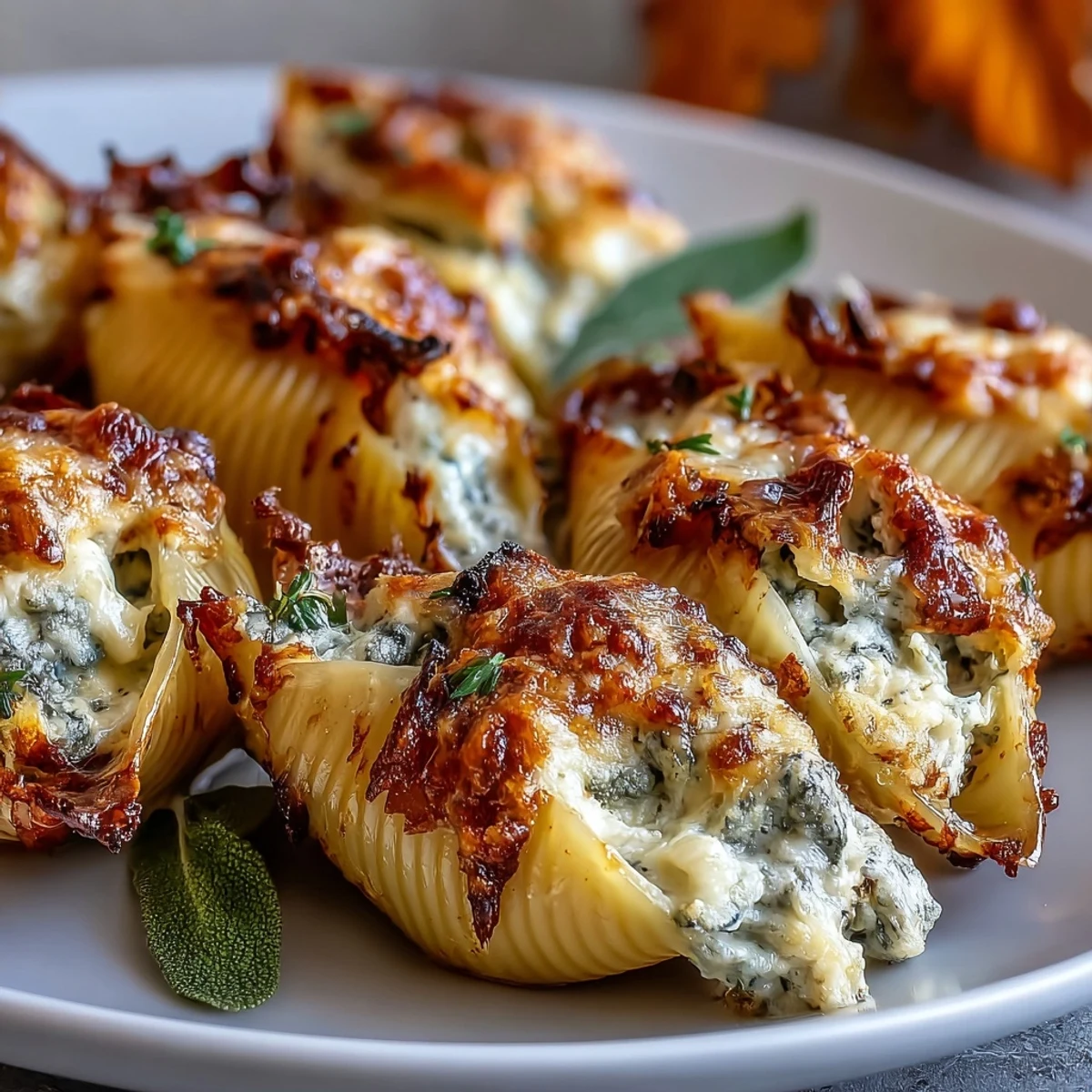 Fresh sage leaves garnish the baked Pumpkin & Gouda Stuffed Shells, highlighting the rich, nutty brown butter Alfredo sauce.