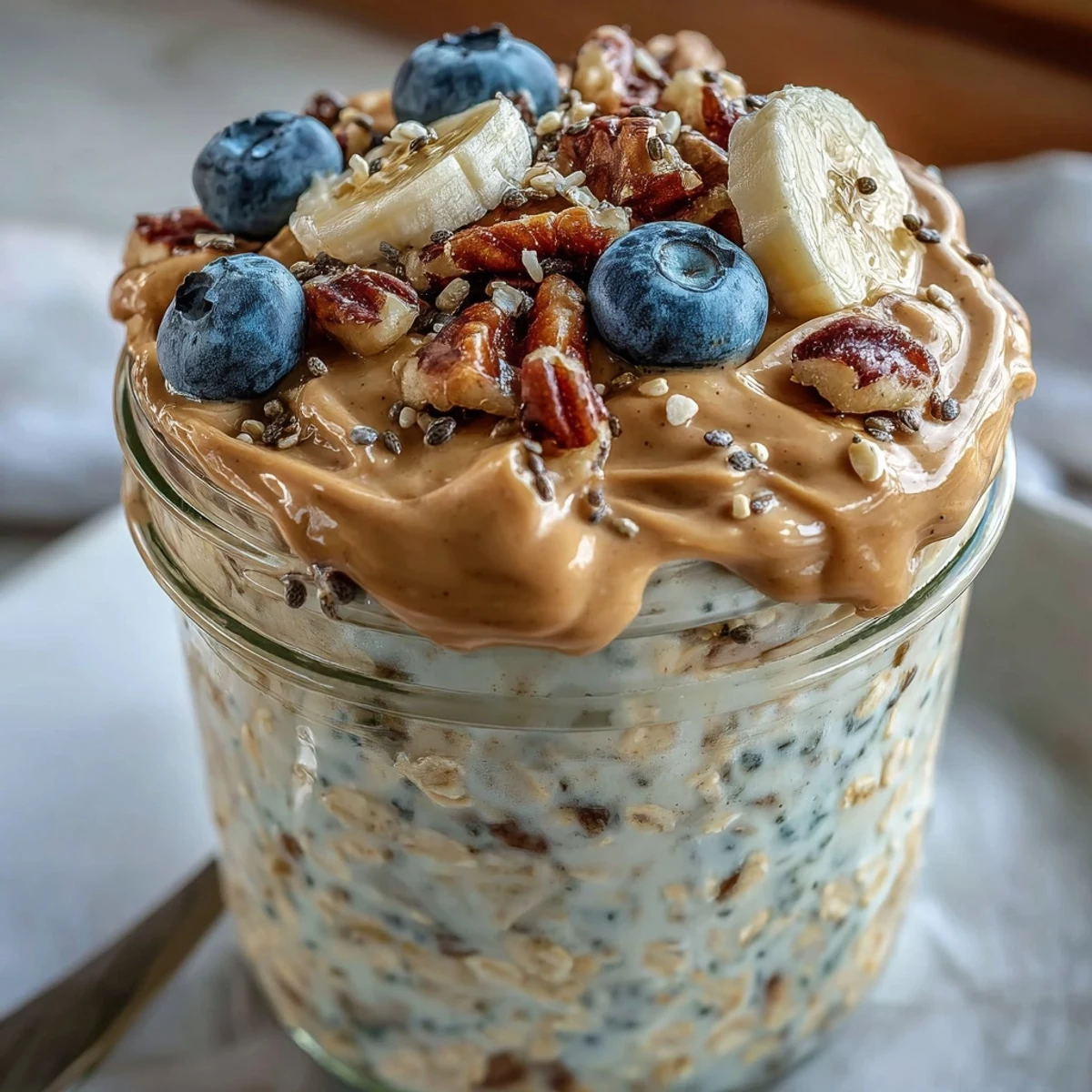 Mason jar of High-Protein Peanut Butter Overnight Oats drizzled with honey, paired with a spoon on a rustic table.
