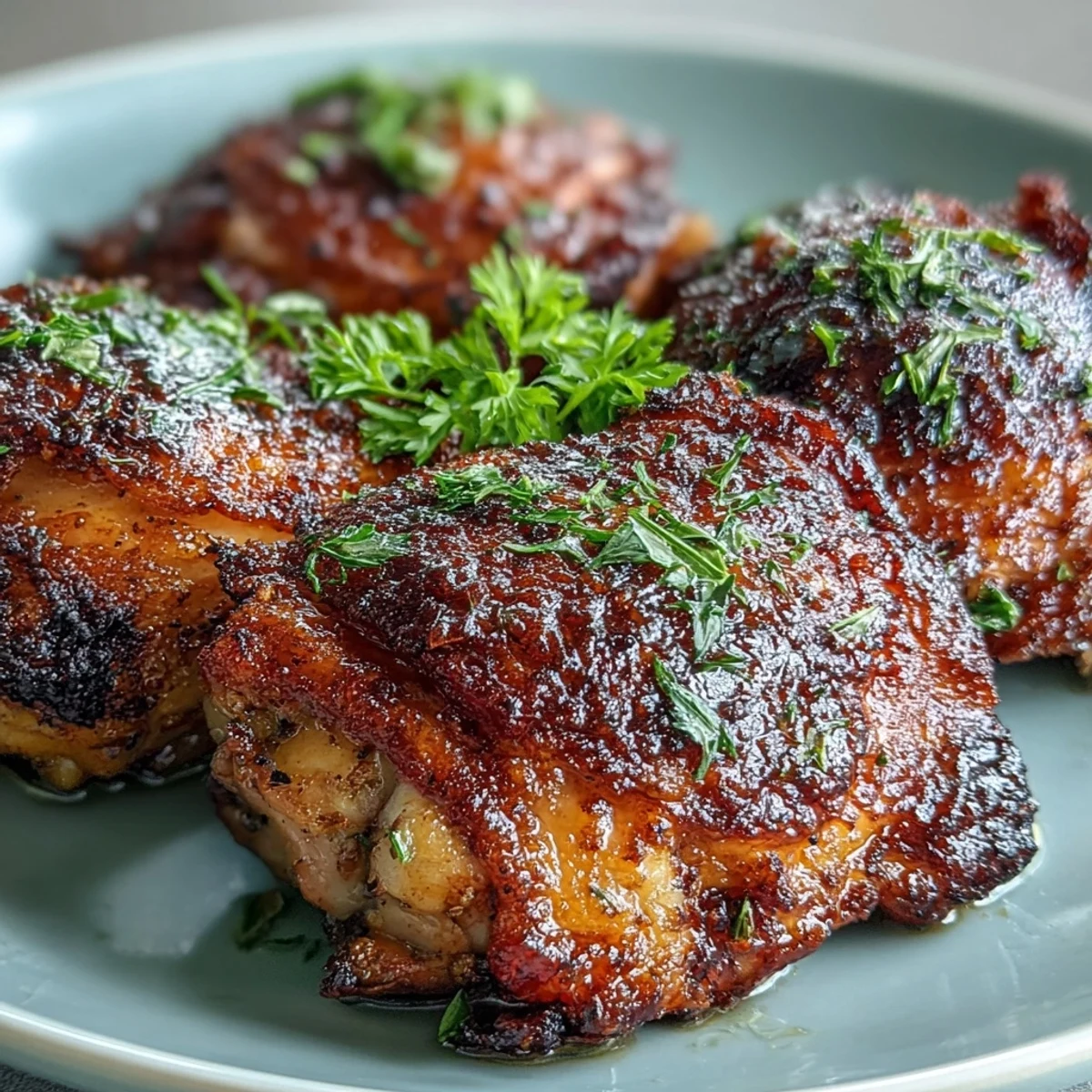 Golden-brown Crispy Baked Bone-In Chicken Thighs rest on a wire rack, showcasing crackling skin.