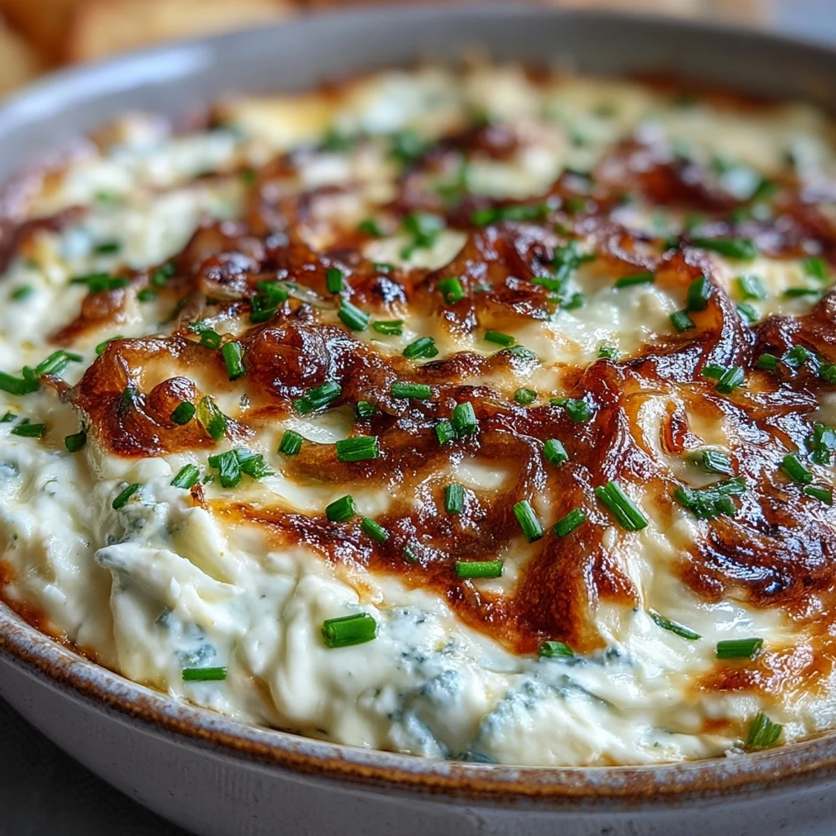 Golden, bubbly Smoked Gouda & Onion Dip bakes in a dish, garnished with fresh chives and served with crunchy tortilla chips.