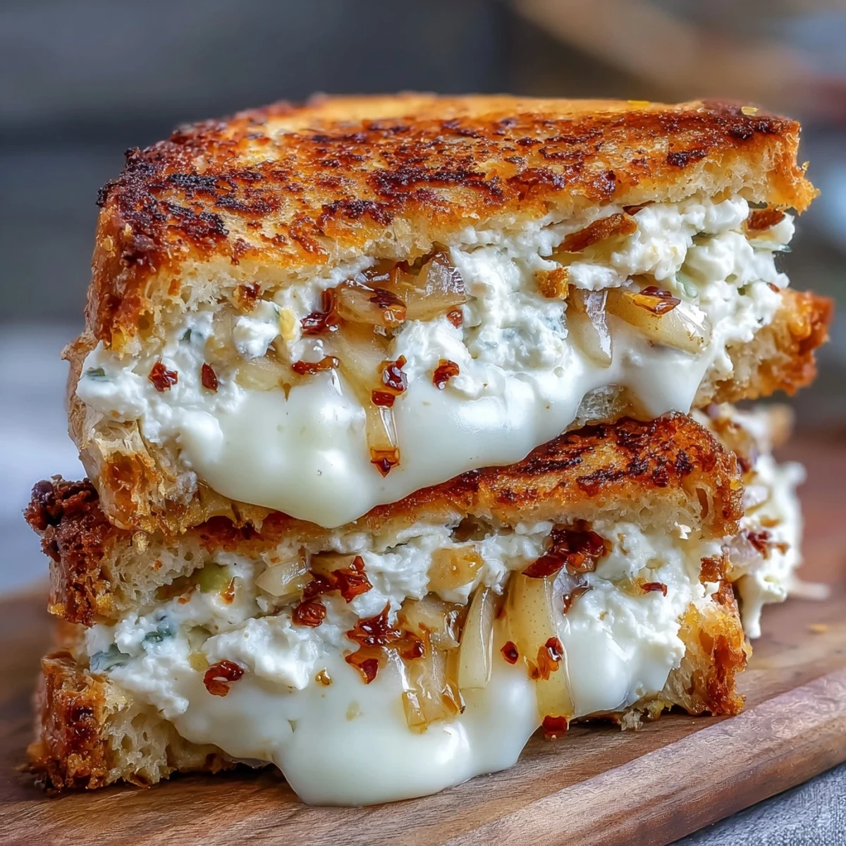 Golden-brown sourdough slices filled with creamy goat cheese Grilled Cheese, oozing honey and chili flakes.