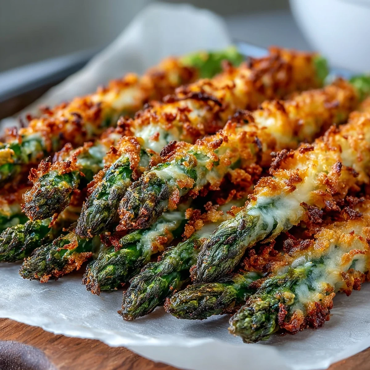 Golden-baked Crispy Asparagus Asiago Spears piled high, garnished with fresh parsley and lemon wedges on a rustic platter.