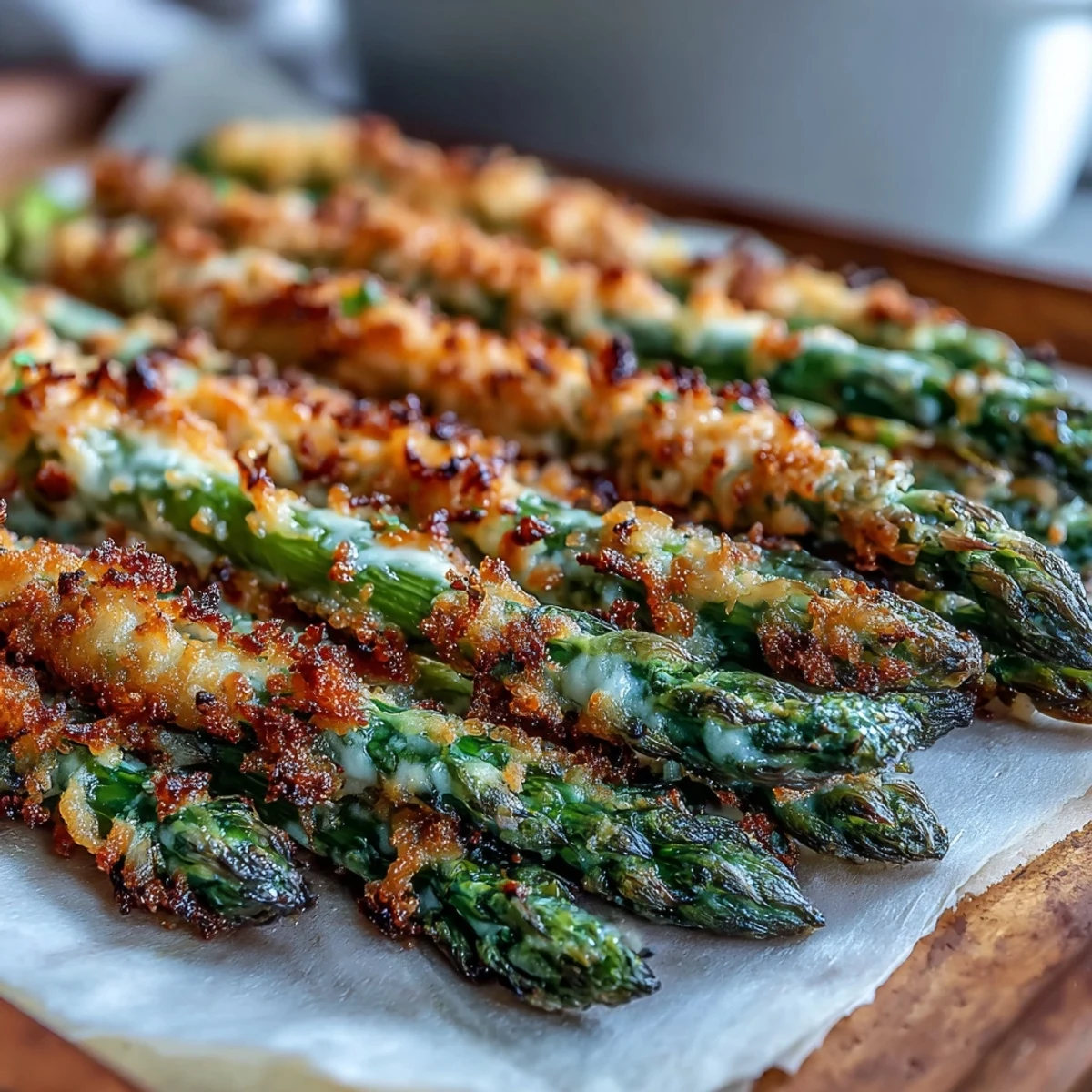 Crispy Asparagus Asiago Spears served hot with a creamy dipping sauce and a sprinkle of red pepper flakes.