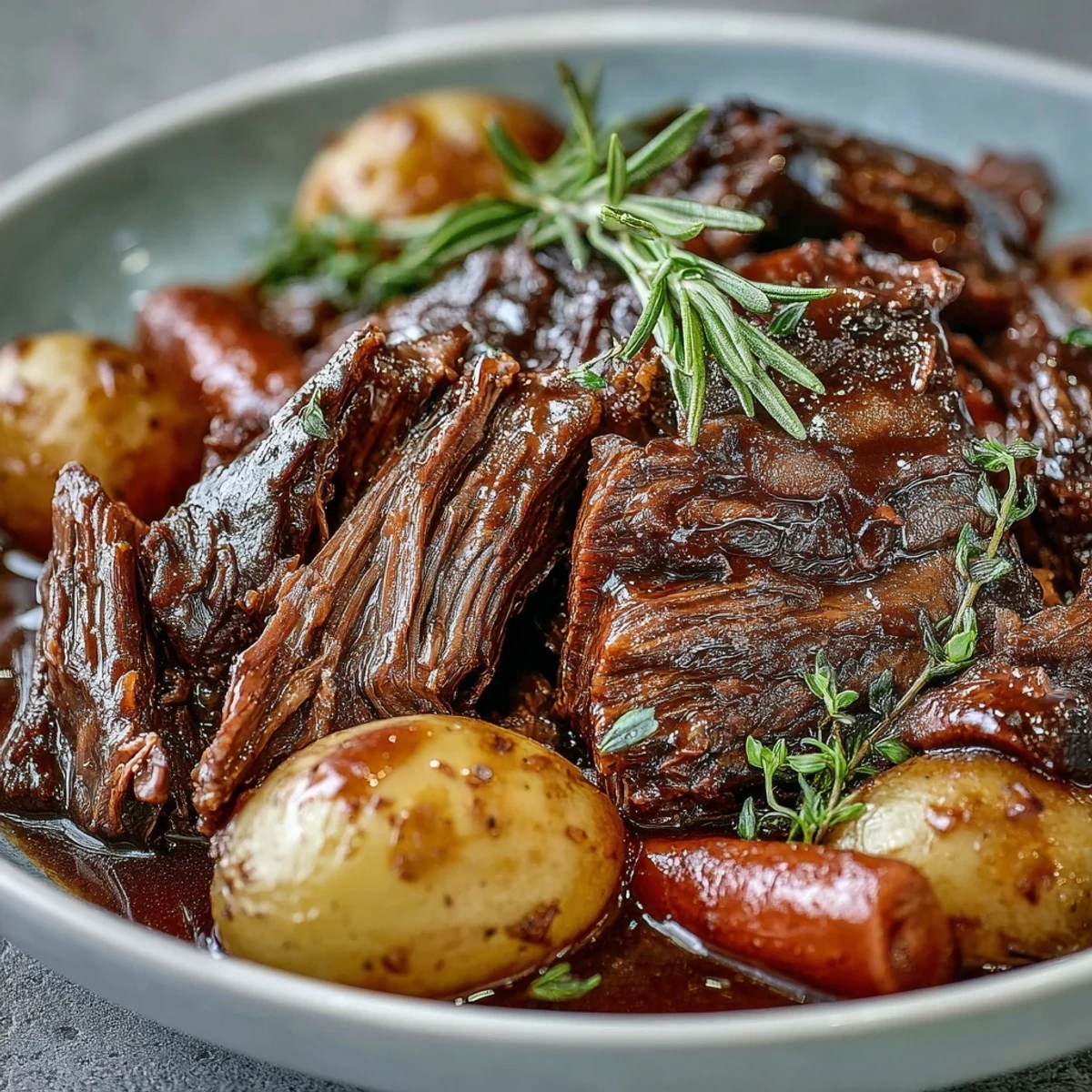 Golden-brown Beef Pot Roast simmering in a Dutch oven with tender carrots, potatoes, and rosemary sprigs.