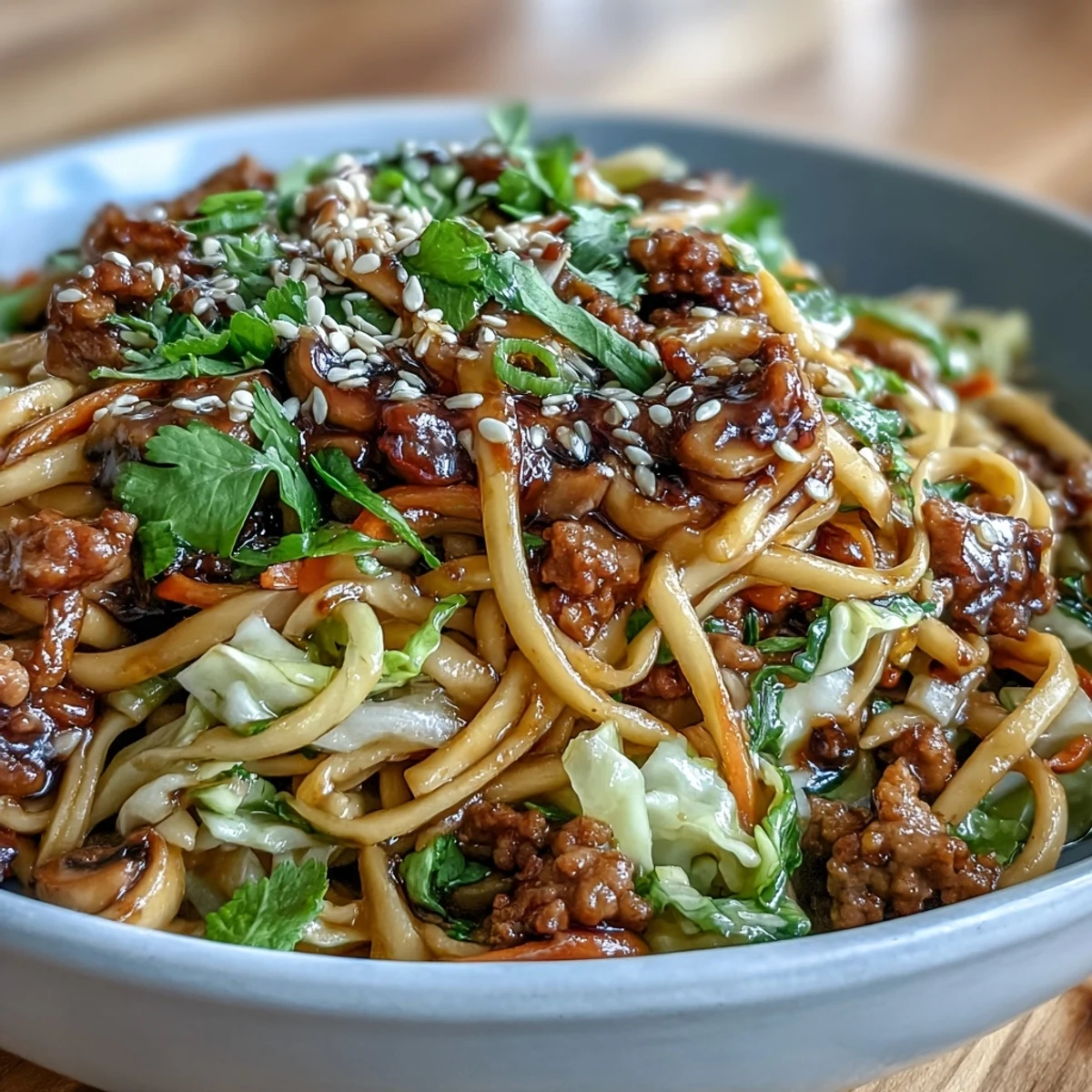 Chopsticks lifting a bite of Potsticker Noodle Bowls with shredded carrots and fresh green onions.