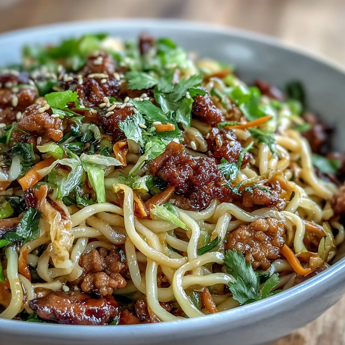 A close-up of Potsticker Noodle Bowls featuring savory pork, crisp cabbage, and glistening sauce.